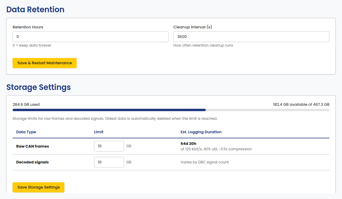 Analyzer Settings: retention and storage